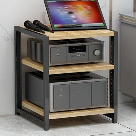 YHWKGZ Audio Rack Hi Fi Regal, Phonoschrank mit verstärktem Metallrahmen, Record Player Stand for Heimkino-Medien, Offener Hi Fi Rack, for Verstärker-/Player-/TV-Zubehör(Wood Color,19.6x15.7)