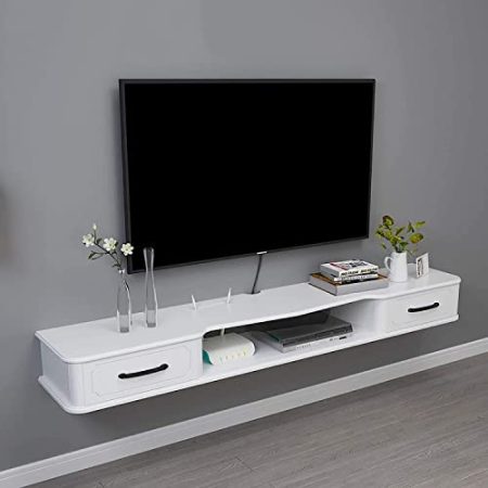 LFONDIGE TV-Schrank, TV-Lowboard, schwebende Regale, schwebende TV-Konsole, 43,3/51,1/59 Zoll TV-Schrank, TV-Zubehör, weiße wandmontierte Medienkonsole, Bogendesign schützt Kinder./130 cm