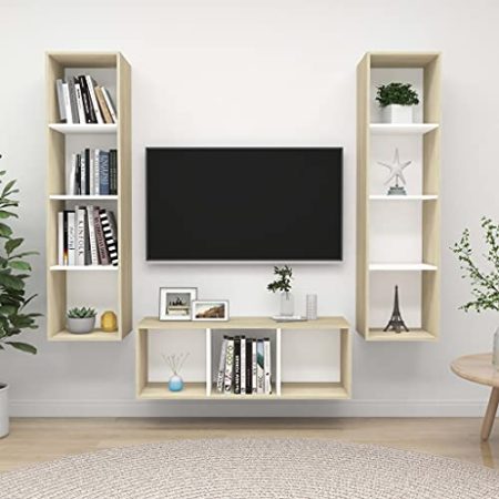 Lauuoeriau Furniture Item home TV-Schrank-Set, 3-teilig, Weiß und Sonoma-Eiche, Holz-Möbel