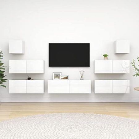 Youuihom TV-Wandhängeschrank-Set, Hanging TV Stand, TV-Möbel, 7-TLG. TV-Schrank-Set Hochglanz-Weiß Holzwerkstoff Geeignet für Schlafsäle, Wohnungen, Villen, Schlafzimmer, Wohnzimmer