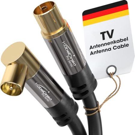 KabelDirekt – 4K Antennenkabel, Koaxialkabel, TV Kabel 90° gewinkelt/gerade – 1 m – Fernsehkabel digital & analog, Metallstecker (gerade Buchse/Winkel-Stecker, für DVB-C, DVB-T, DVB-S, schwarz)