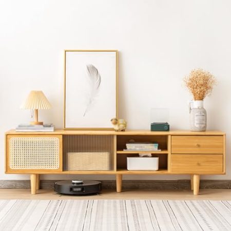 WTIWJY TV-Schrank TV Lowboard mit Rattan- & Glasschiebetüren, Unterhaltungszentrum TV-Tisch, TV Konsole Medieneinheit, Modernes Wohnzimmermöbel für Esszimmer Schlafzimmer