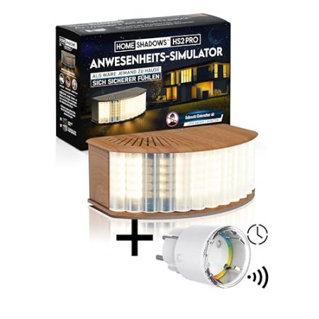 Home Shadows Anwesenheitssimulator HS2Pro - Einbrecher Abschreckung und Einbruchschutz durch Licht und Schatten, Holz-Optik-Buche + Smart Plug