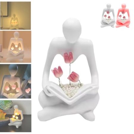 Leseskulpturen Tulpenlampe, Denker Statue Figur Batteriebetriebenes Nachtlicht, Harz Nachtlicht Dekorationen, Bücherregal Home Decor Denker Skulptur Nachtlicht für Valentinstag Muttertag Geschenk