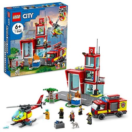 LEGO City Fire Station Set 60320 mit Garage, Hubschrauber & Feuerwehrauto Spielzeug plus Feuerwehrmann Minifiguren, Rettungsfahrzeuge Spielset, Geschenke für Kinder ab 6 Jahren