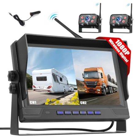 Kabellose Digitale Rückfahrkamera Set, Dual AHD Rückfahrkamera IP68 Infrarot-Nachtsicht Kamera, 1080P Funk Rückfahrkamera mit 9" IPS Monitor, Drahtlose Rückfahrkamera mit Toter-Winkel-Warnung, DVR