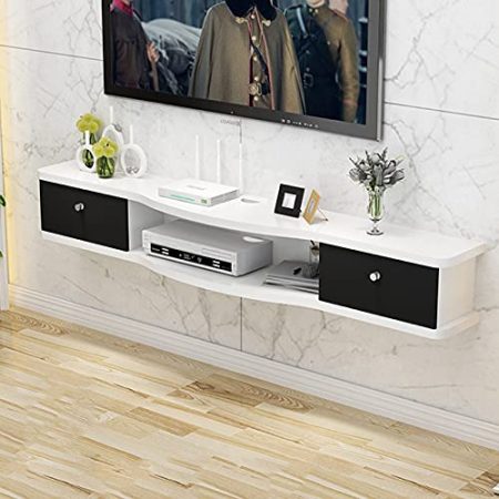 JUNNIU Set-Top-Box-Regal, 120/140 cm, wandmontierte Medienkonsole mit 2 Türen, Kiefer, Kabelführungsloch, schwebendes TV-Ständer-Komponentenregal, TV-Schrank/D/140 cm Decoration